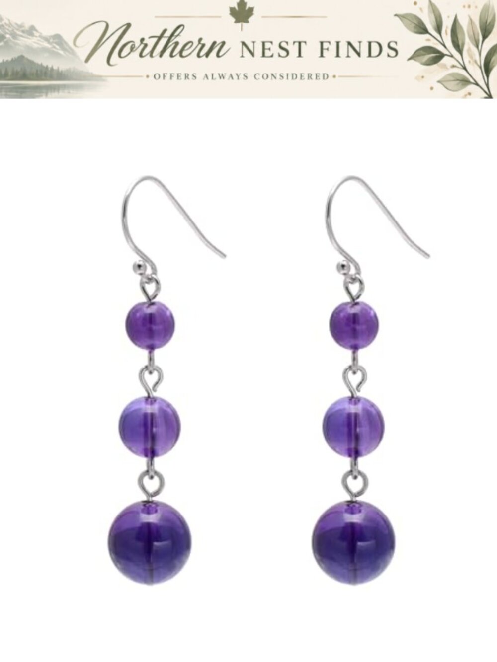 Amethyst Round Bead Dangle Earrings 925 Sterling Silver Fishhook